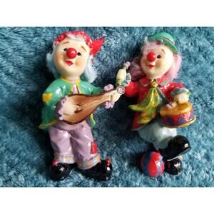 Set Of 2 Hobo Clowns With Lute And Drum Figurines